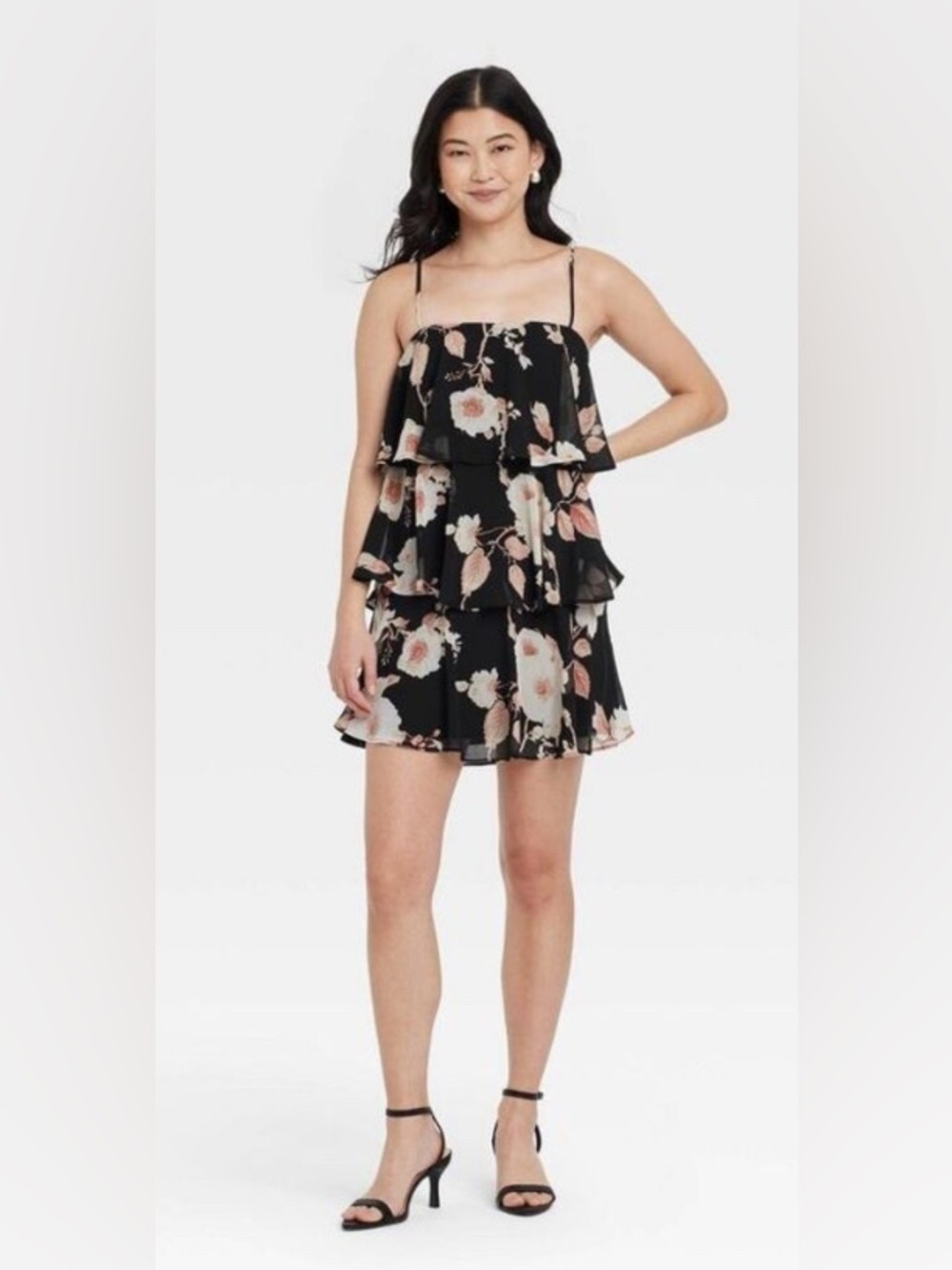 Black Floral Tiered Ruffle Mini Tired Dress